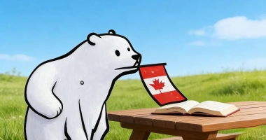 Un ours polaire tenant un drapeau canadien dans la bouche sort par une porte ouverte, avec en arrière-plan un ciel bleu parsemé de nuages blancs et une prairie verdoyante. À côté figure l’inscription “TCF Canada”.